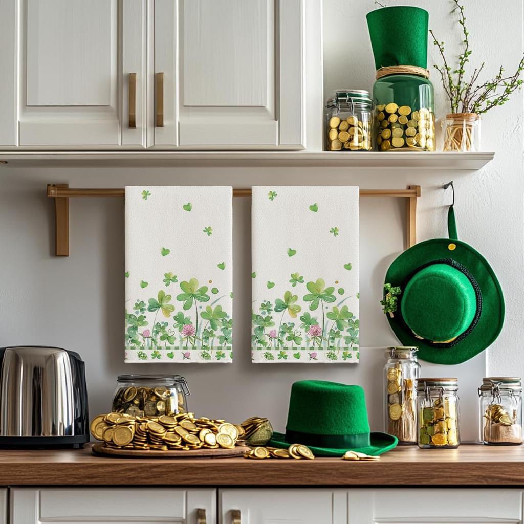 Artoid Mode Beige Shamrock Flower Heart St. Patrick's Day Kitchen Towels Dish Towels, 18x26 Inch Farmhouse Spring Decoration Hand Towels Set of 2