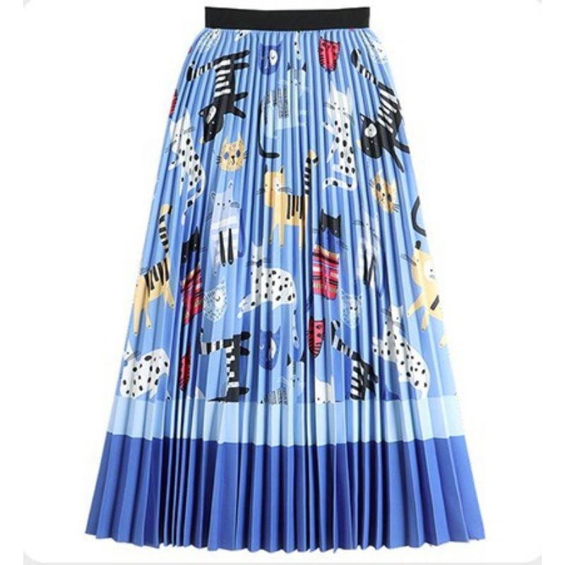 DX~~ New Retro Digital Print Skirt Women's High-waisted Slim Midi A-line Pleated Skirt