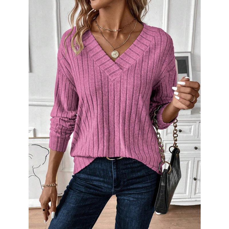 

Осень и Зима Новая Популярная Трикотажная Футболка с Длинным Рукавом и V-образным Вырезом Повседневный Однотонный Топ Женская Одежда XXL розы красного