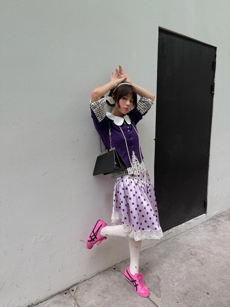 French Polka Dot Lace Patchwork Irregular Purple Midi Satin Skirt for Early Autumn