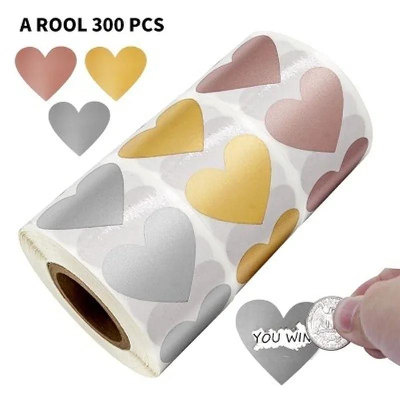 300 Sheets/roll of Heart-shaped Scratch Labels Rose Gold Kawaii School Stickers Thank You Cards for Package Stationery DIY