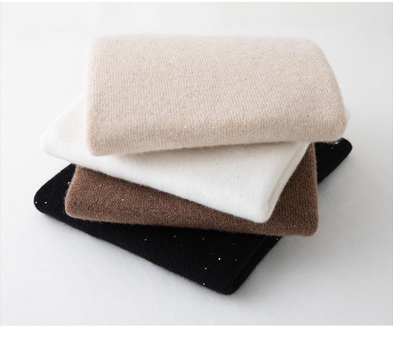 Women's Sequined Cashmere Sweater - Thickened Roll-Edge Round Neck, Versatile Autumn/Winter Casual Knit Base Layer