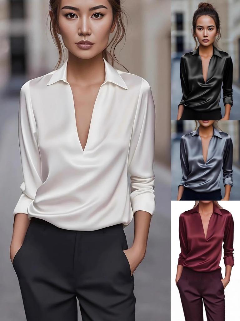2025 Autumn Elegant Women's Deep V-neck Long Sleeve Shirt - Solid Color, Commuting Style