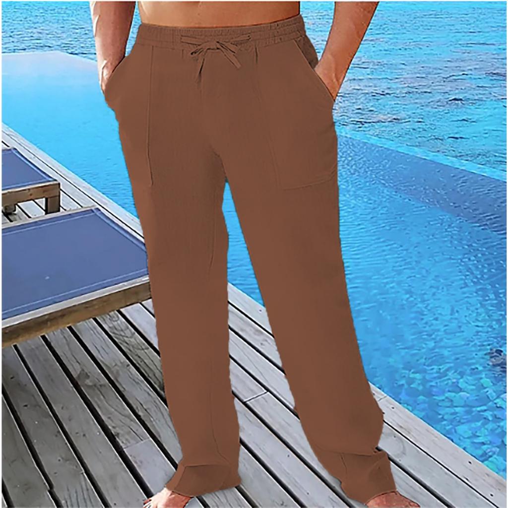 Cross-border men's casual summer breathable pants waist drawstring pockets cotton and linen trousers beach pants