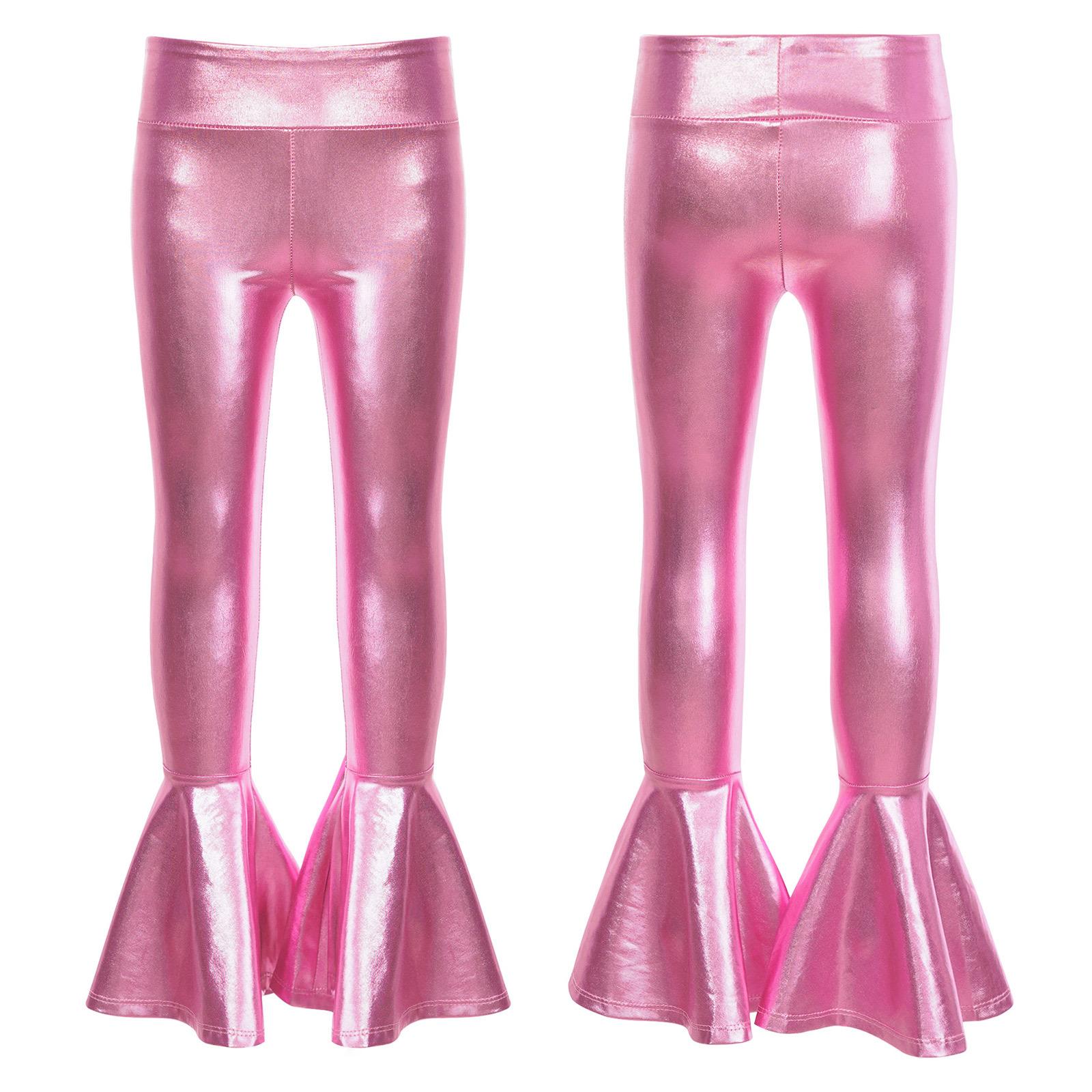 

Girls Stylish Bell Bottom Pants Elastic Waistband Bronzing Cloth High Waist Ruffle Hem Long Trousers Fashion Clothing for Dance Casual 15-16 Years рожевий