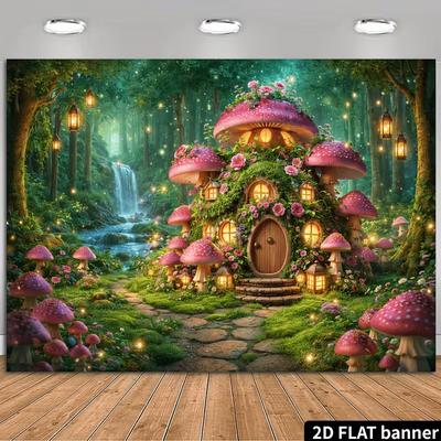 2D Pink Mushroom House Enchanted Forest Wall Tapestry Background Cloth