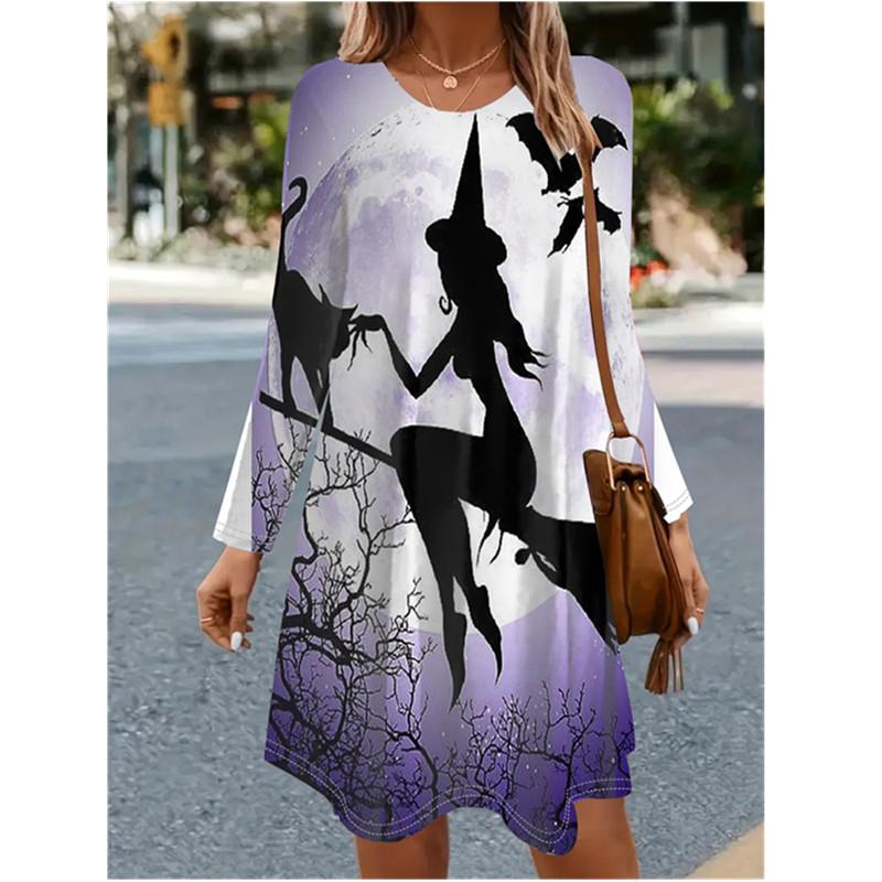Women's Halloween Party Dress 3D Horror Halloween Pumpkin Bat Witch Printed Dress Long Sleeve O-Neck Casual Loose Dress
