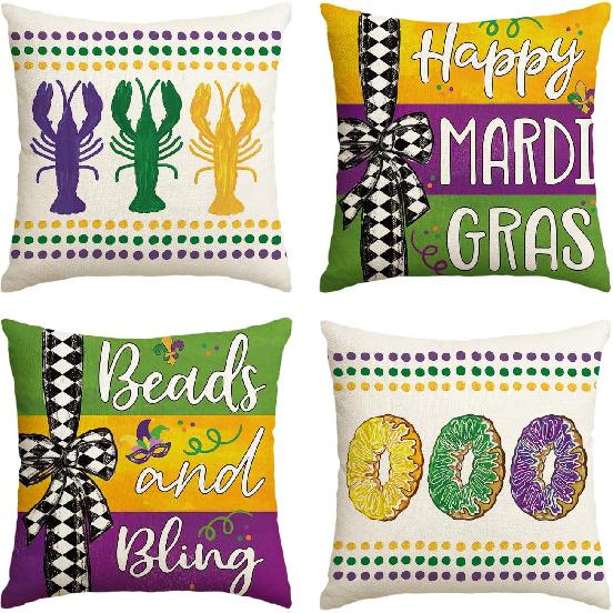 AVOIN colorlife Happy Mardi Gras Beads and Bling Crawfish Smoothie Throw Pillow Covers, 18 x 18 Inch Checked Bow Stripes Holiday Cushion Case