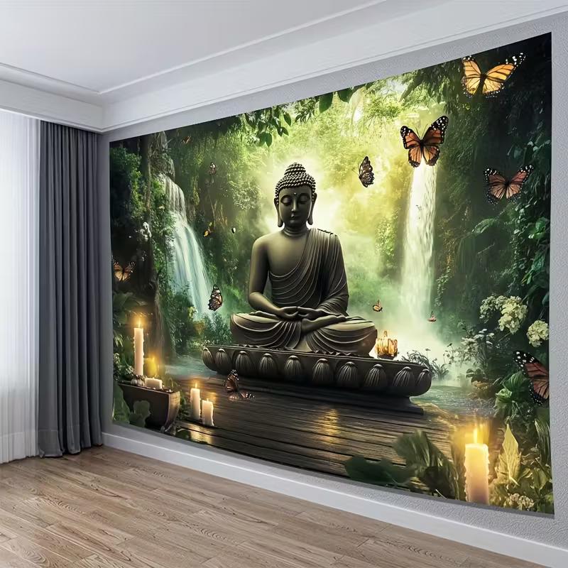 

2D Buddha Meditation Tapestry, Meditating Statue in Lush Waterfall Forest with Candles & Butterflies 47.2x31.5inch/120*80cm