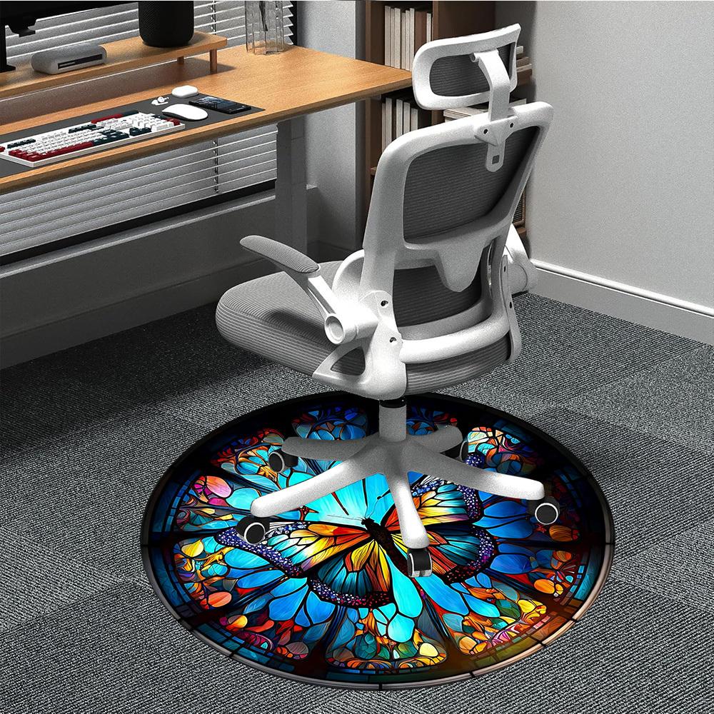 1PC Butterfly StainedGlass Office Round Area Rug,  Mat Suitable ForOffice, Under Office Chairs Bedroom Living Room Home Decor, Room Deco