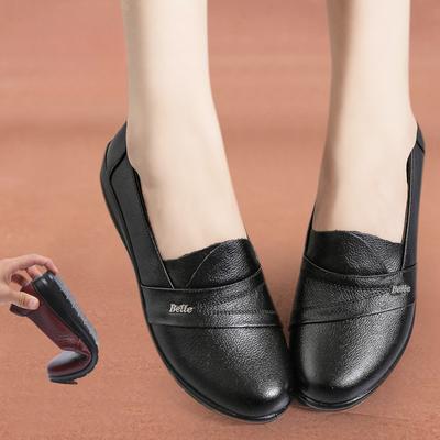 Middle-aged and Elderly Women's Spring and Autumn Casual Black Loafer Shoes Genuine Leather Flat Slip On Shoes