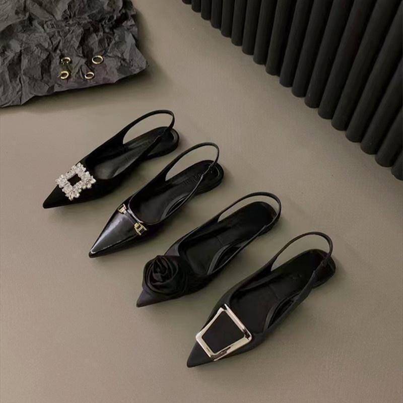 2025 new summer French flat-bottomed non-slip black bag head sandals women's versatile rhinestone pointed temperament single shoes