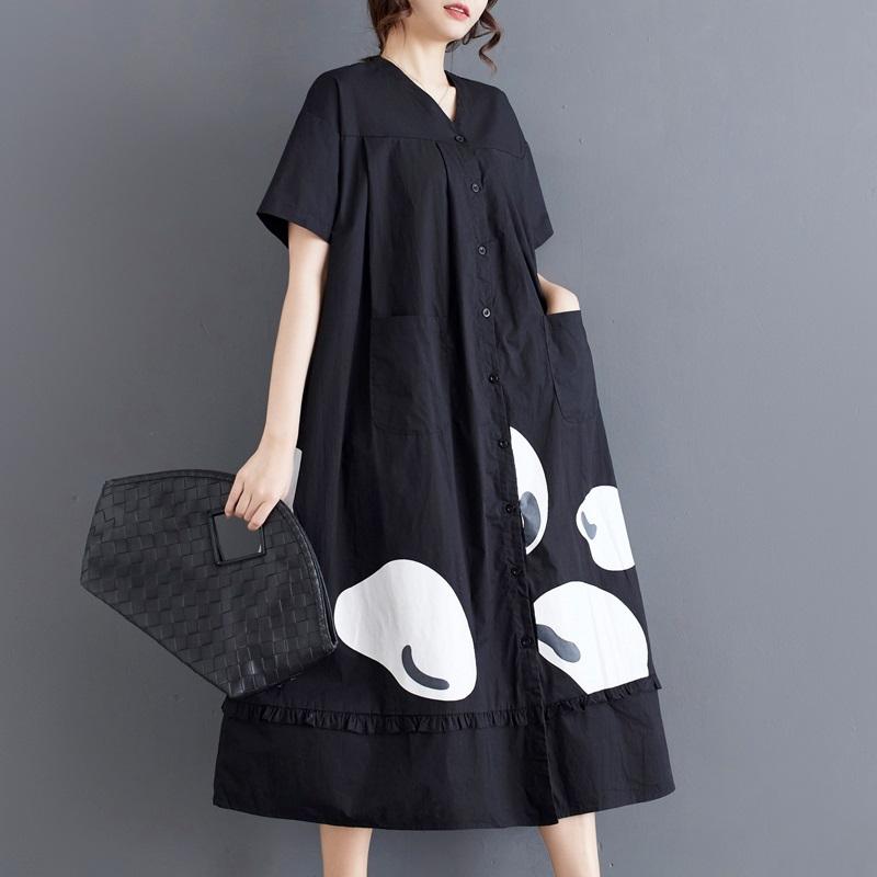 Short Sleeve Plus Size Black Cotton Vintage New In Dresses for Women Casual Loose Long Summer Dress