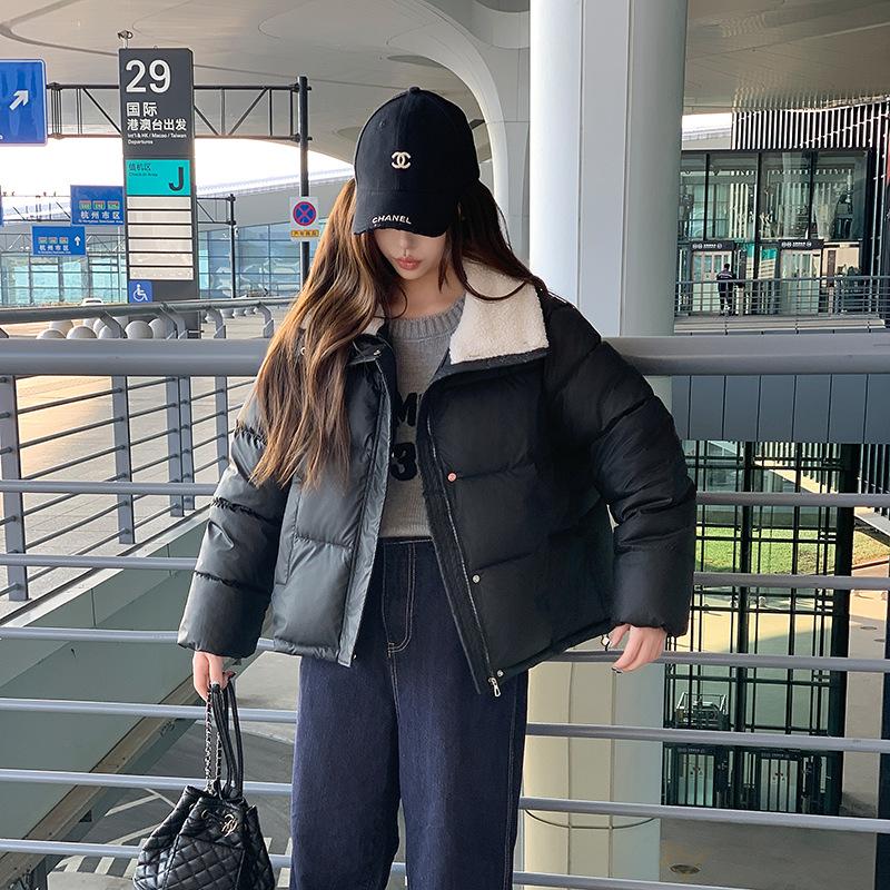 

Lamb wool large lapel splicing small lambskin down cotton clothes women s winter new small short jacket windproof M чёрный