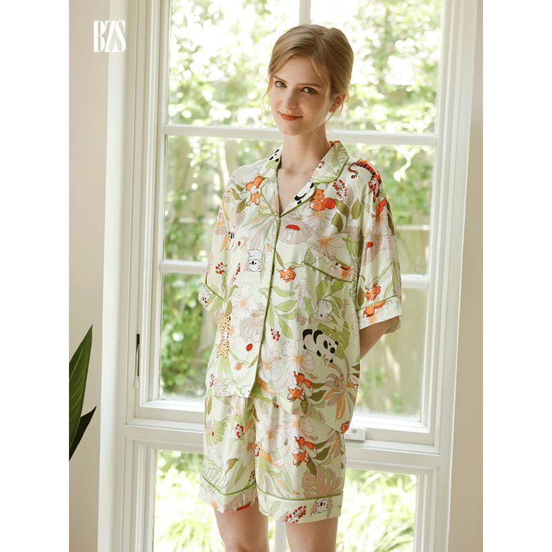 2024 Summer Jungle Party Tribute Satin Cotton Silk Pajamas Women Thin Short sleeve Shorts Cute Outer Wear Homewear