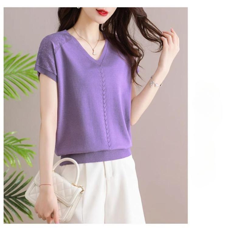 Women's Knitted T-shirt V-neck Summer New Short Loose Base Shirt Thin Ice Silk Knitted Top