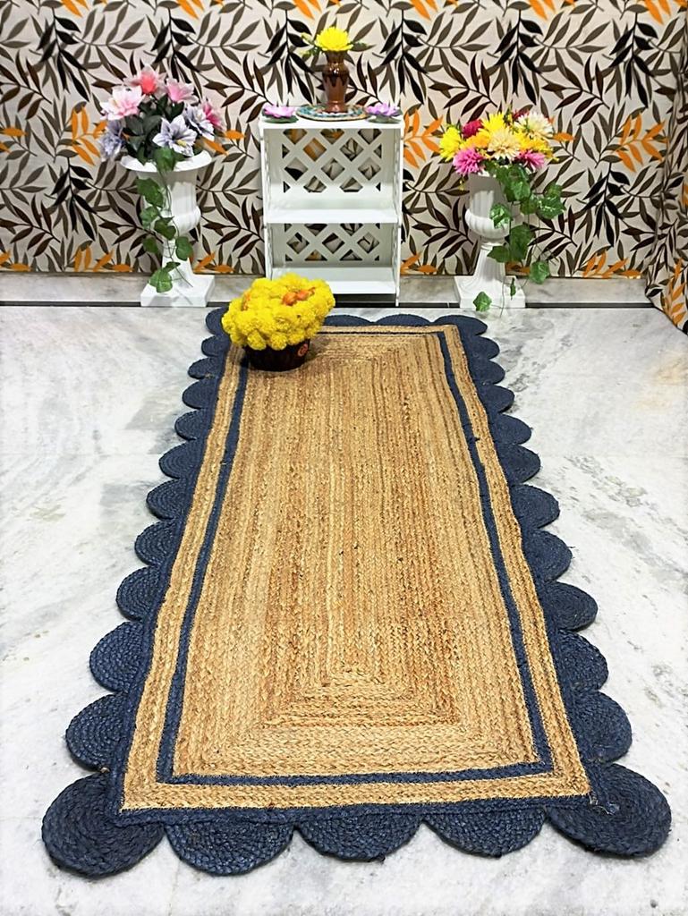 Aizza Trends Indian Handmade Braided Natural Jute with Navy Blue Scalloped Design Area Rug- Jute Rug- Dining Room- Living Room