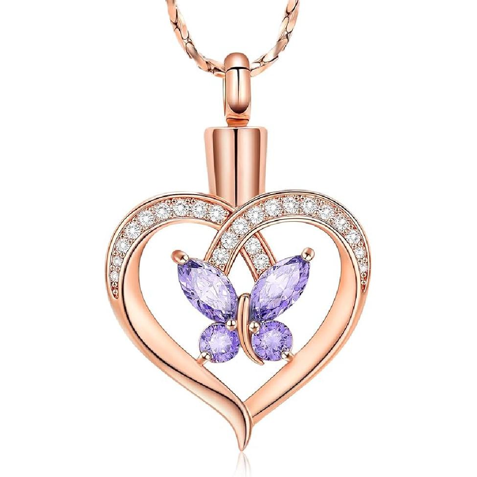 Imrsanl Butterfly Urn Necklaces for Women Girls Birthstone Cremation Jewelry Urns Pendant for Human Ashes Memorial Locket Keepsake Jewelry