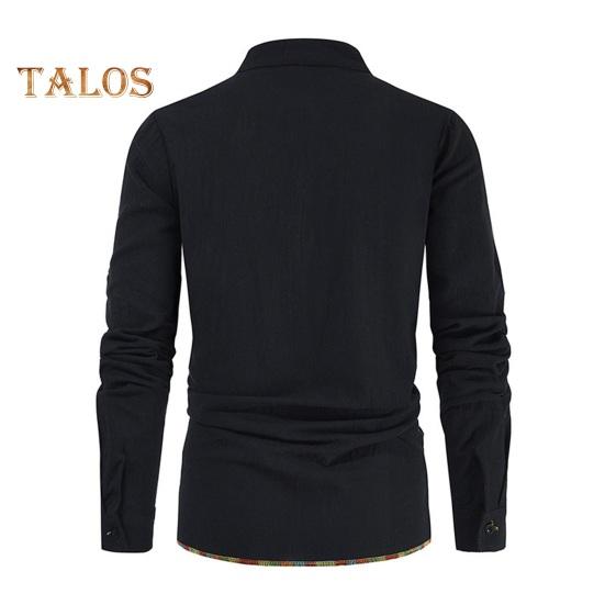 Spring Autumn Men Shirt Lace-up Stand Collar Long Sleeves Solid Color Loose Retro Medieval Mid Length Casual Commuting Office Top