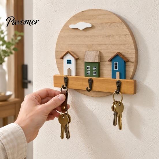 Wall Mounted Key Holder Nordic Wooden Cottage Holder, House Shaped Storage Rack with 3 Decorative Hooks for Metal Hook, Sturdy Organizer Entryway