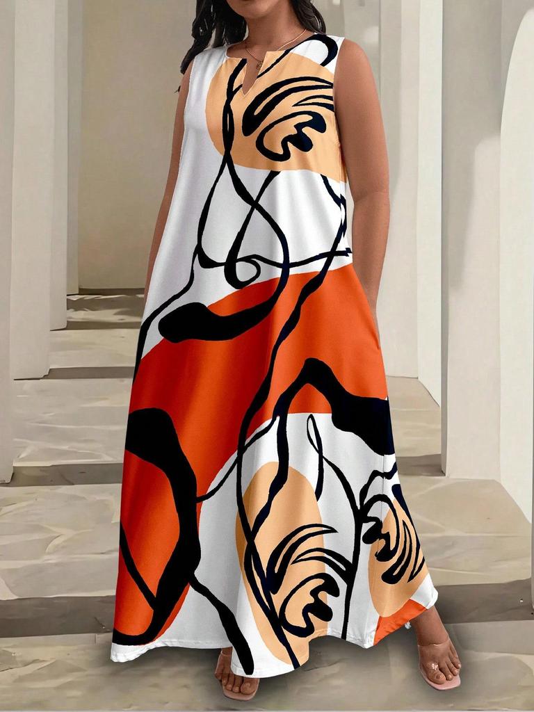 Plus Size African Impressionist Gold Leopard Sleeveless Long Dress