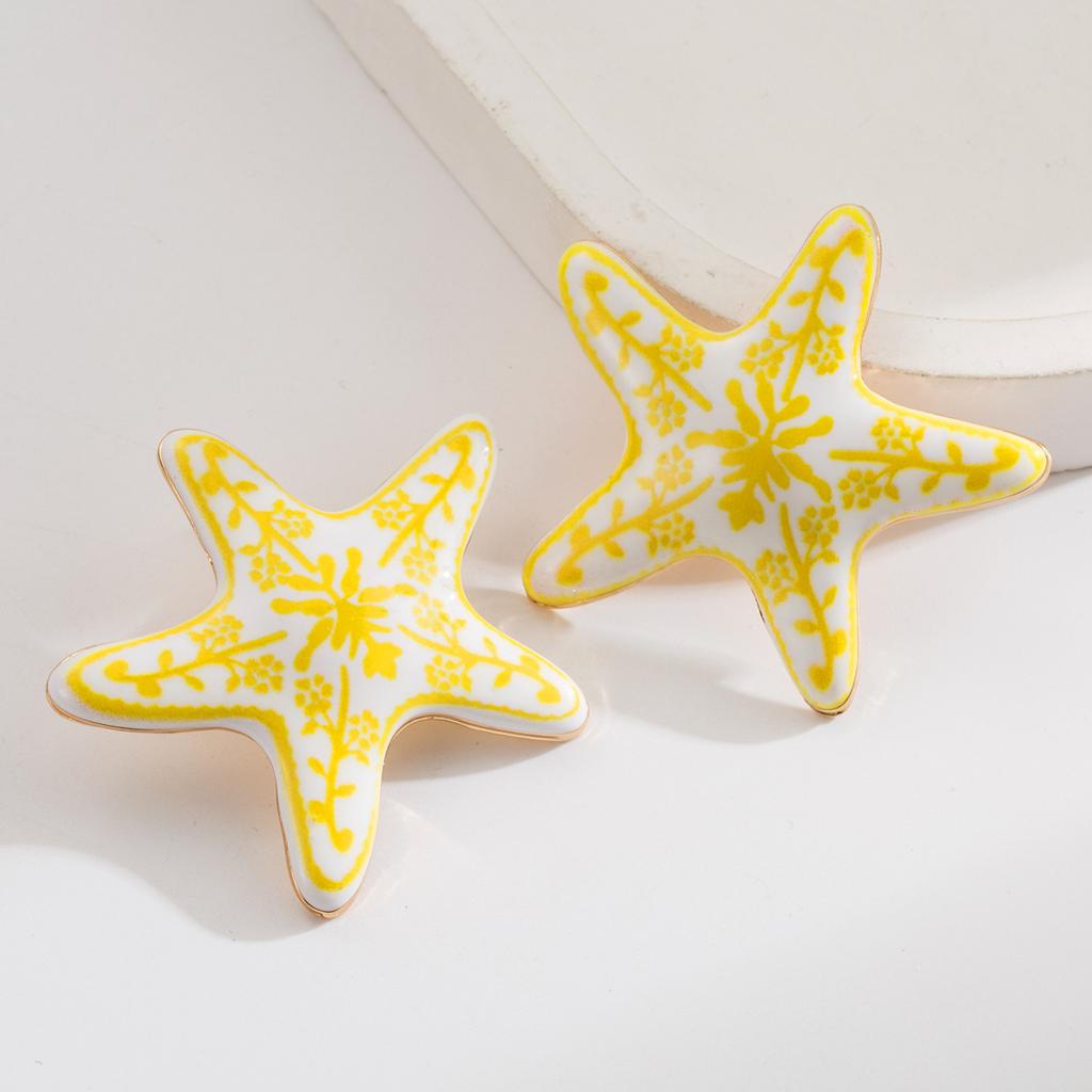 Colorful Blue and White Porcelain Starfish Earrings Unique Niche Design Beach Vacation Style Earrings for Women