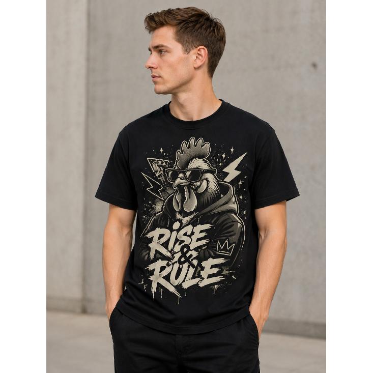 Men s Black Short Sleeve Crew Neck T-Shirt with Cool Rooster Graphic Print, Soft Cotton Feel, Urban Streetwear Style for Daily Wear S чёрный