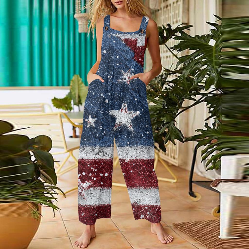 Women’s Sleeveless Wide Leg Jumpsuit with Adjustable Straps and Printed Pattern Casual Loose Fit Overalls with Pockets
