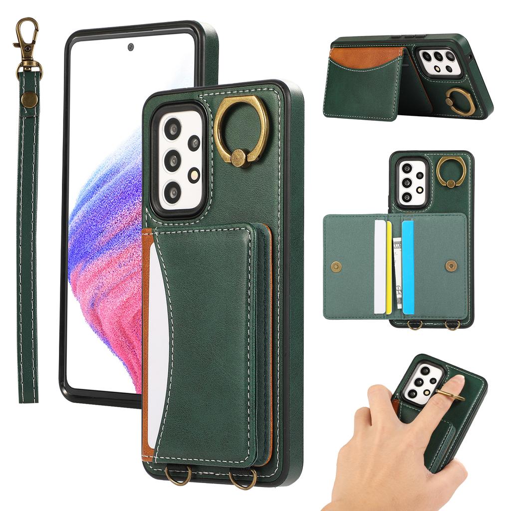 For Samsung Galaxy A53 5G PU Leather Back Case Card Holder Kickstand Phone Cover with Wrist Strap