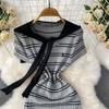 Sommer Damen Casual Kurzarm Gestreifter Strickpullover Mini Etuikleider mit Schal
