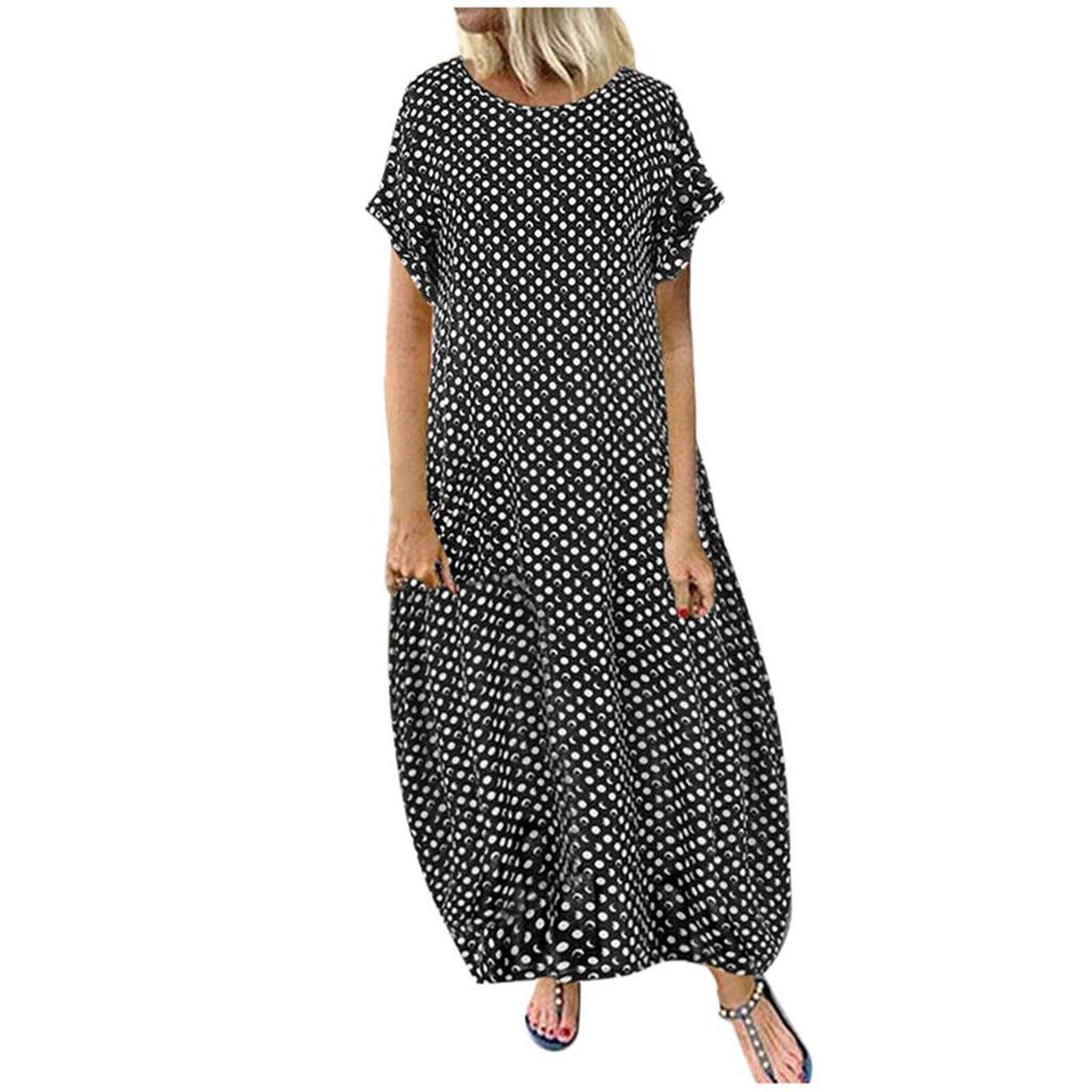 Women's Summer Long Dress Crew Neck Short Sleeve Maxi Dress Casual Dot Printing Bohemian Dresses