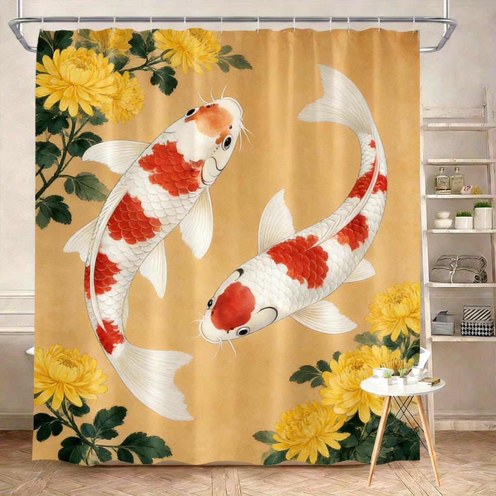 Luxury Golden Koi Fish with Cherry Blossoms Waterproof Shower Curtain for Feng Shui Bathroom Decor