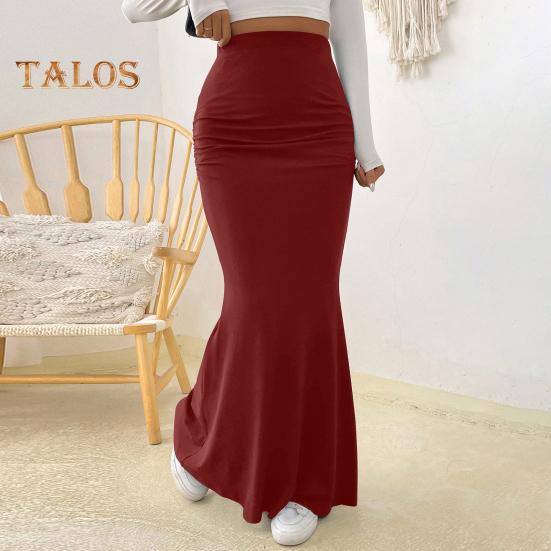 Women Maxi Skirt High Waist Solid Color Fishtail Skirt Slim Fit Hip Lifting Ankle Length Skirt Shirring Design Long Skirt