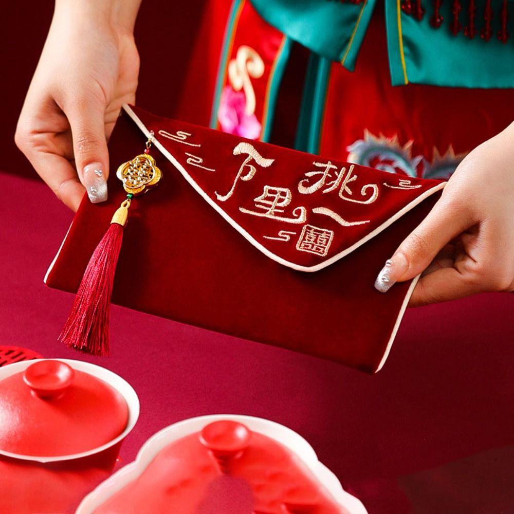 Multiple Patterns Wedding Red Envelope Best Wishes Embroidery New Year Blessing Bag Canvas Bag Tassel Design Red Money Packet