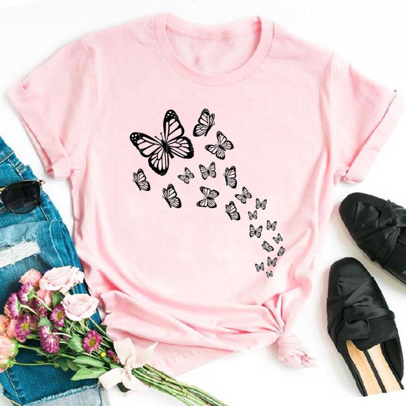 Fashionable Plus Size Color Butterfly Print Simple Base Shirt Loose Fitting Clothes Pure Cotton T-Shirts Women’s