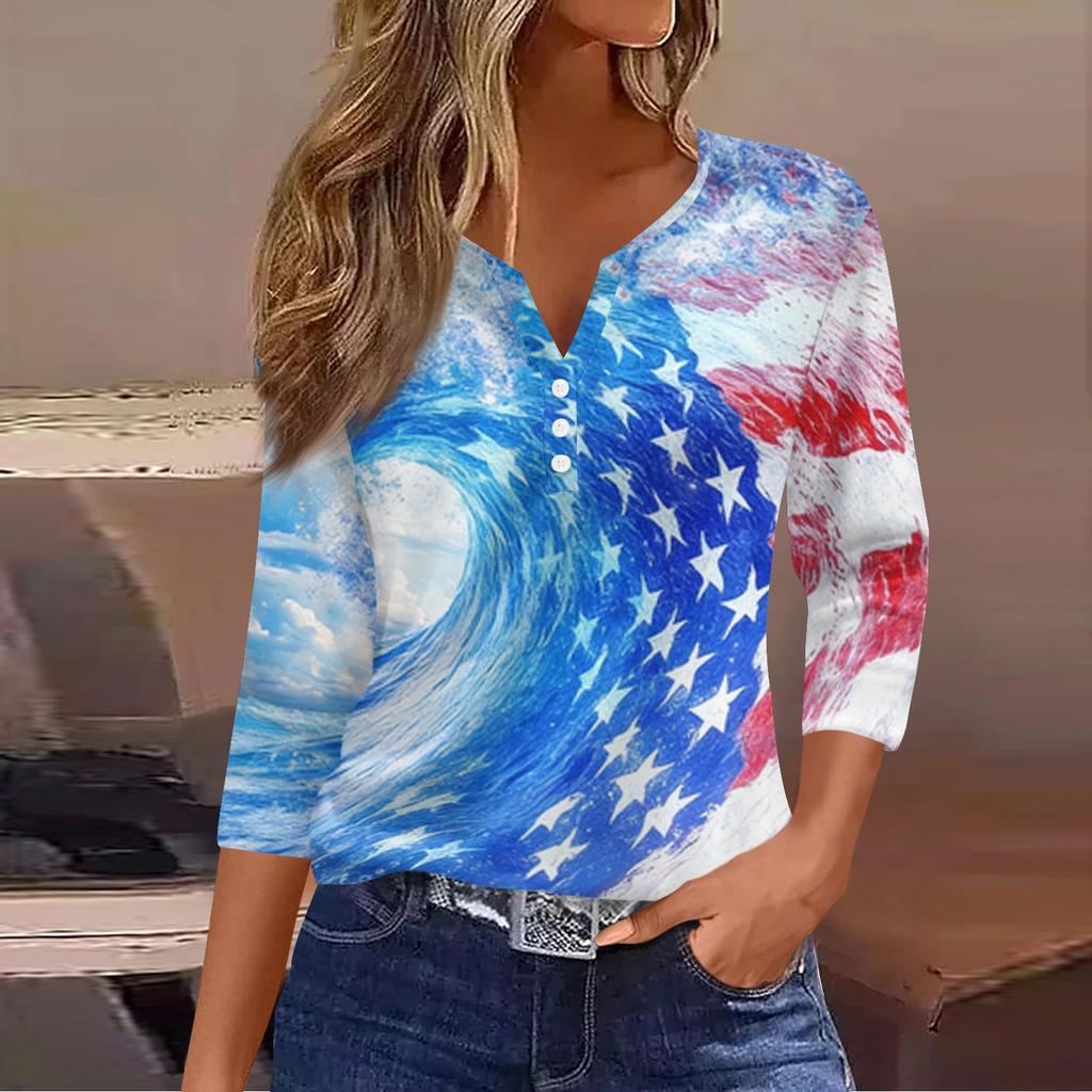 Women's Fashion Casual Independence Day American Flag Stars and Stripes Print Collar V-Neck Three-Quarter Sleeve Decorative Button-Up T-Shirt Top