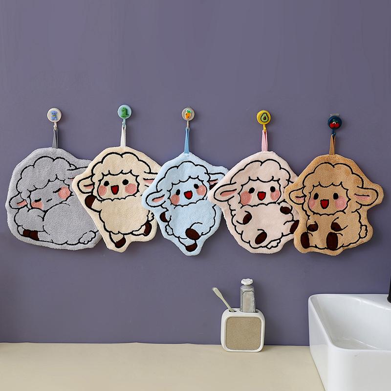 Cute Cartoon Lamb Shaped Hanging Hand Towel Soft High Absorbent Washcloth Perfect for Bathroom Kitchen
