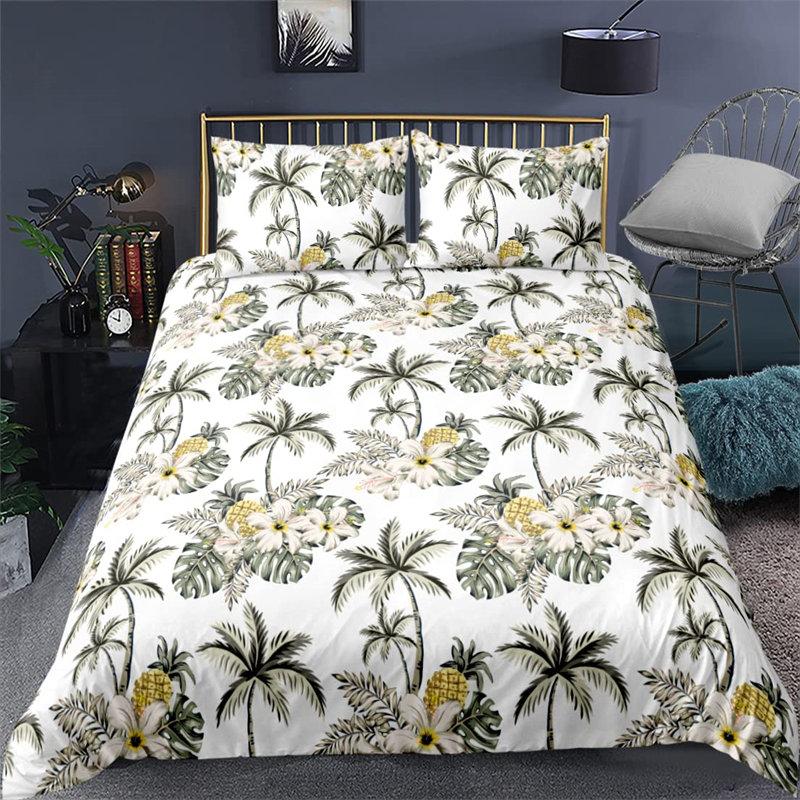 Vibrant Botanical Floral Duvet Cover Twin Size Lotus Flower Leaves Bedding Set Soft Tropical Palm Tree Quilt Cover Pillowcases
