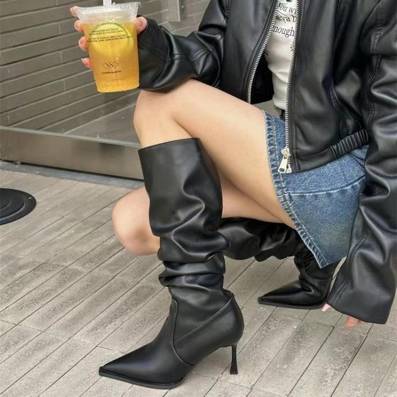 2026 Sharp Pointed Retro Fashion Women's Shoes Hot Sell Long Tube Pleated Women's Boots Look Slim Sexy Trendy High Heeled Boots