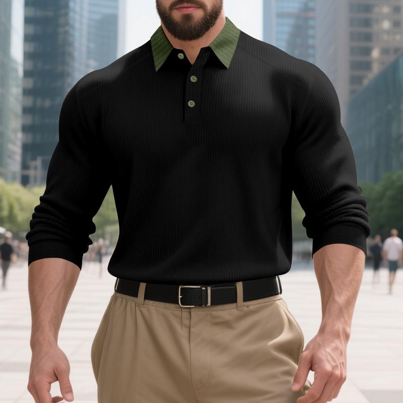 Mens American Turn Down Collar Heavy Weight Color Block Casual Long Sleeve Polo Shirt
