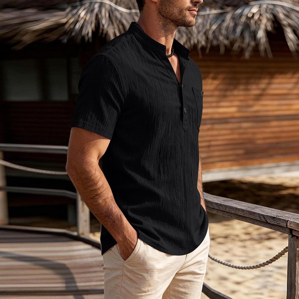 Men's Lightweight Breathable Casual Shirt Short Sleeve Solid Color Button Placket Relaxed Fit Summer Top
