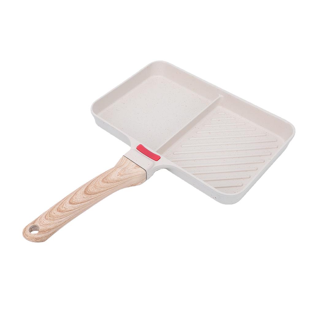 Poêle à Griller Divisée Alliage d'Aluminium Poêle à Griller Antiadhésive 2 Sections Poêle Polyvalente pour Petit-Déjeuner avec Manche en Bois