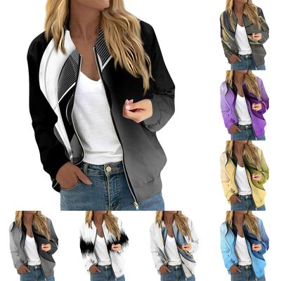 Women's Fashionable Casual Long Sleeve  Print Round Neck Zipper Jacket