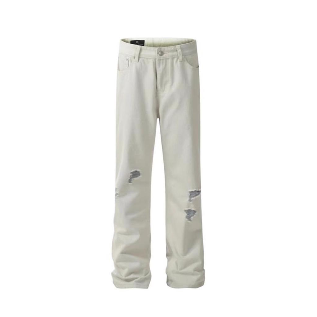 American Retro White Ripped Jeans Men's Summer Thin High Street Casual Micro-pull Pants Scimitar Straight Pants