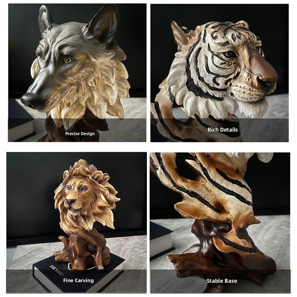 Luxury Simulation Animal Statue Retro Miniatures Figurine Sculpture Tiger Lion Head Ornament  Prop