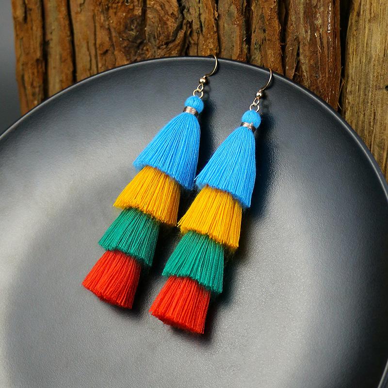 Bohemian color wool fringed earrings women's personality color matching vacation exaggerated temperament long earrings
