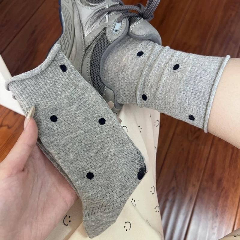 Women's Polka Dot Rolled-up Socks, Women's Mid-calf Socks, Summer Thin Perforated Mesh Breathable Pile Socks for Women