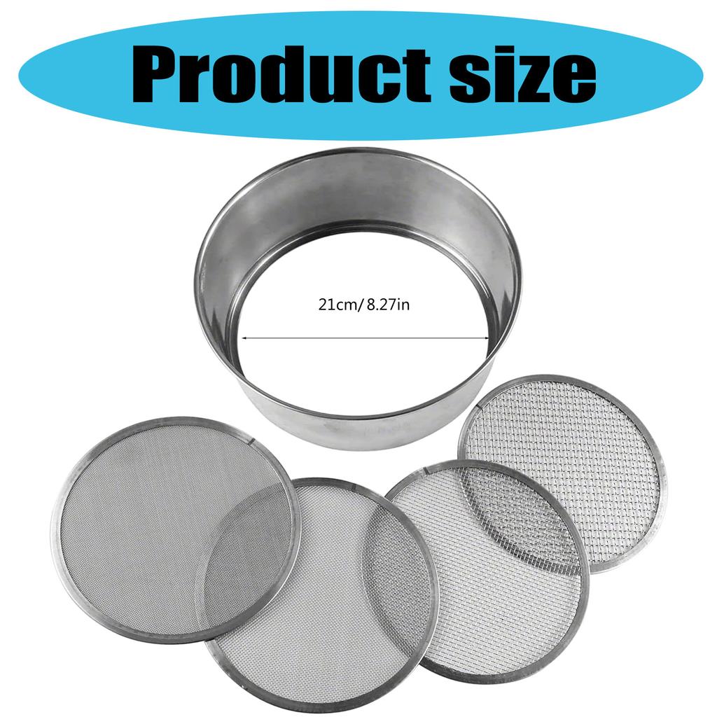 Stainless Steel Soil Sifter Set for Gardening 8 Inch Diameter with 4 Interchangeable Mesh Sizes 0.7/1/3/5mm