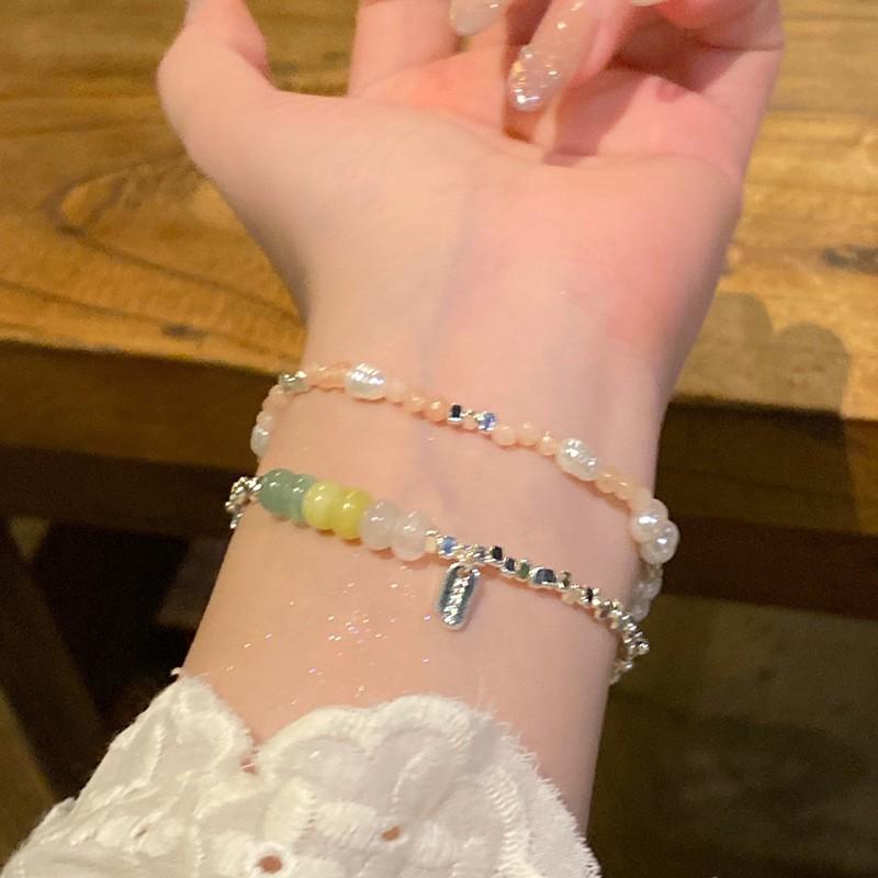 Womens Delicate Alloy Bracelet With Crystal Beads Pearl Charms Layered Stackable Jewelry Sweet Style