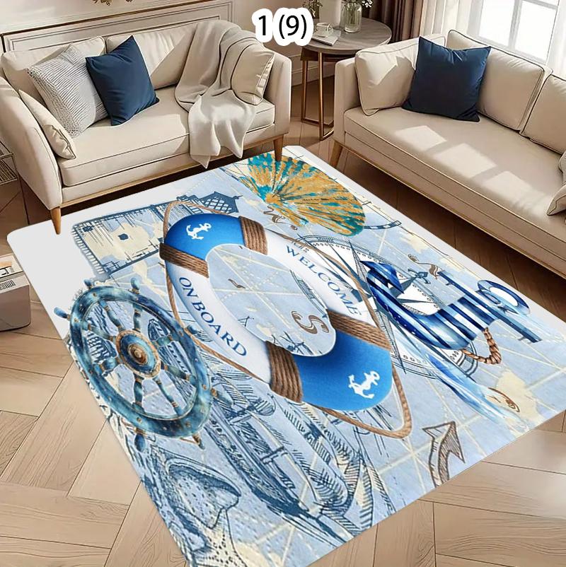 Nautisch Oceaan Print Vloerkleed met Vuurtoren Zeilboot Zeester Koraal Patroon Antislip Wasbaar Zacht Vloermat voor Huisdecoratie 40x60cm